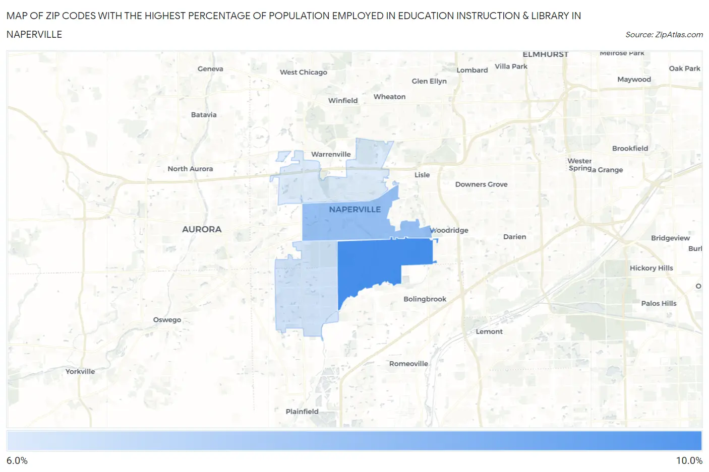 Zip Codes with the Highest Percentage of Population Employed in Education Instruction & Library in Naperville Map