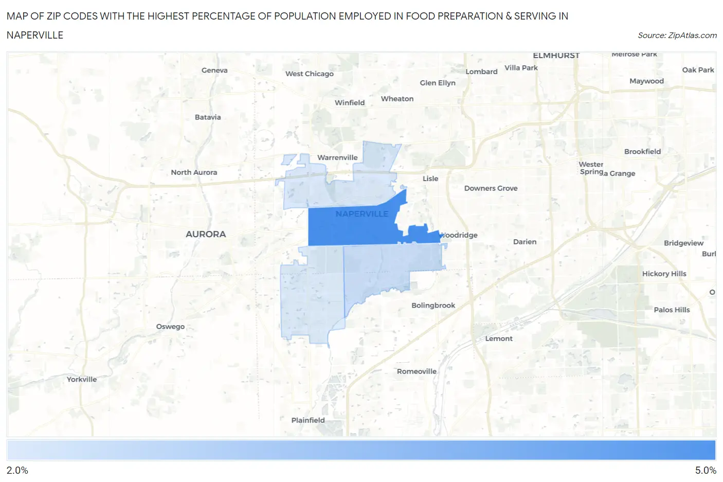 Zip Codes with the Highest Percentage of Population Employed in Food Preparation & Serving in Naperville Map