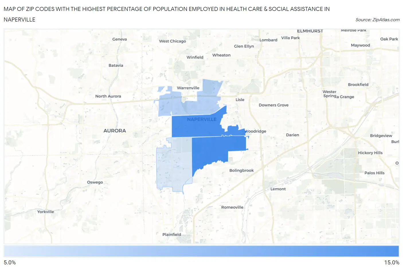 Zip Codes with the Highest Percentage of Population Employed in Health Care & Social Assistance in Naperville Map