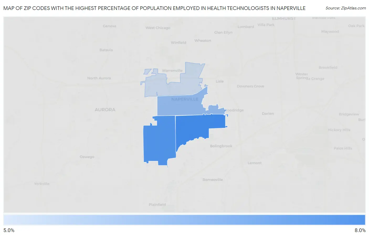 Zip Codes with the Highest Percentage of Population Employed in Health Technologists in Naperville Map
