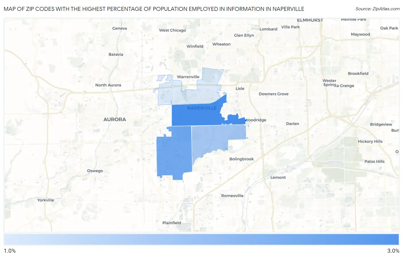 Zip Codes with the Highest Percentage of Population Employed in Information in Naperville Map