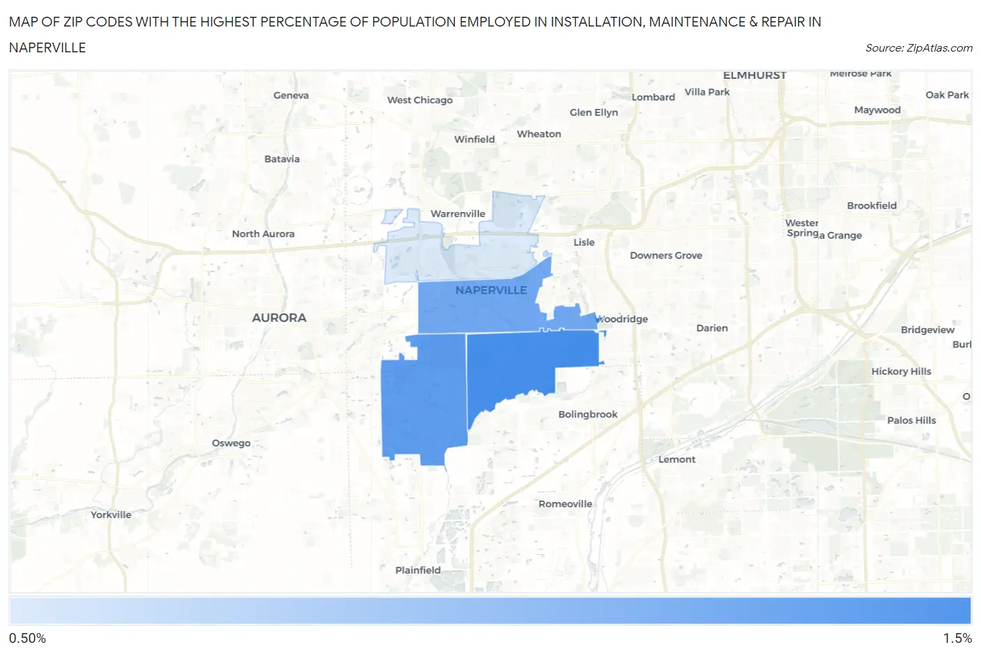 Zip Codes with the Highest Percentage of Population Employed in Installation, Maintenance & Repair in Naperville Map