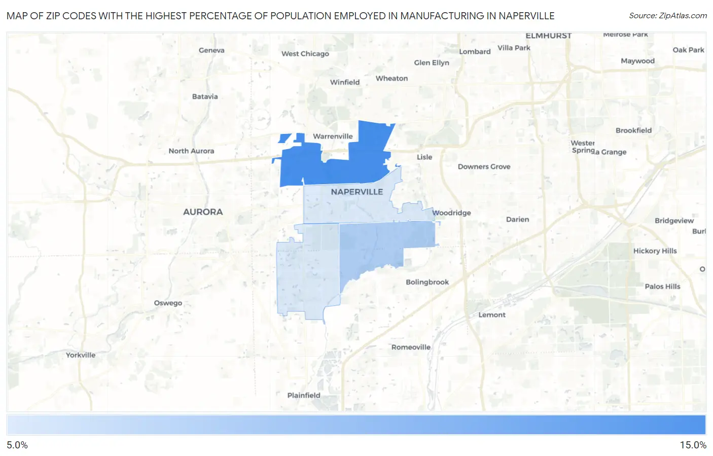 Zip Codes with the Highest Percentage of Population Employed in Manufacturing in Naperville Map