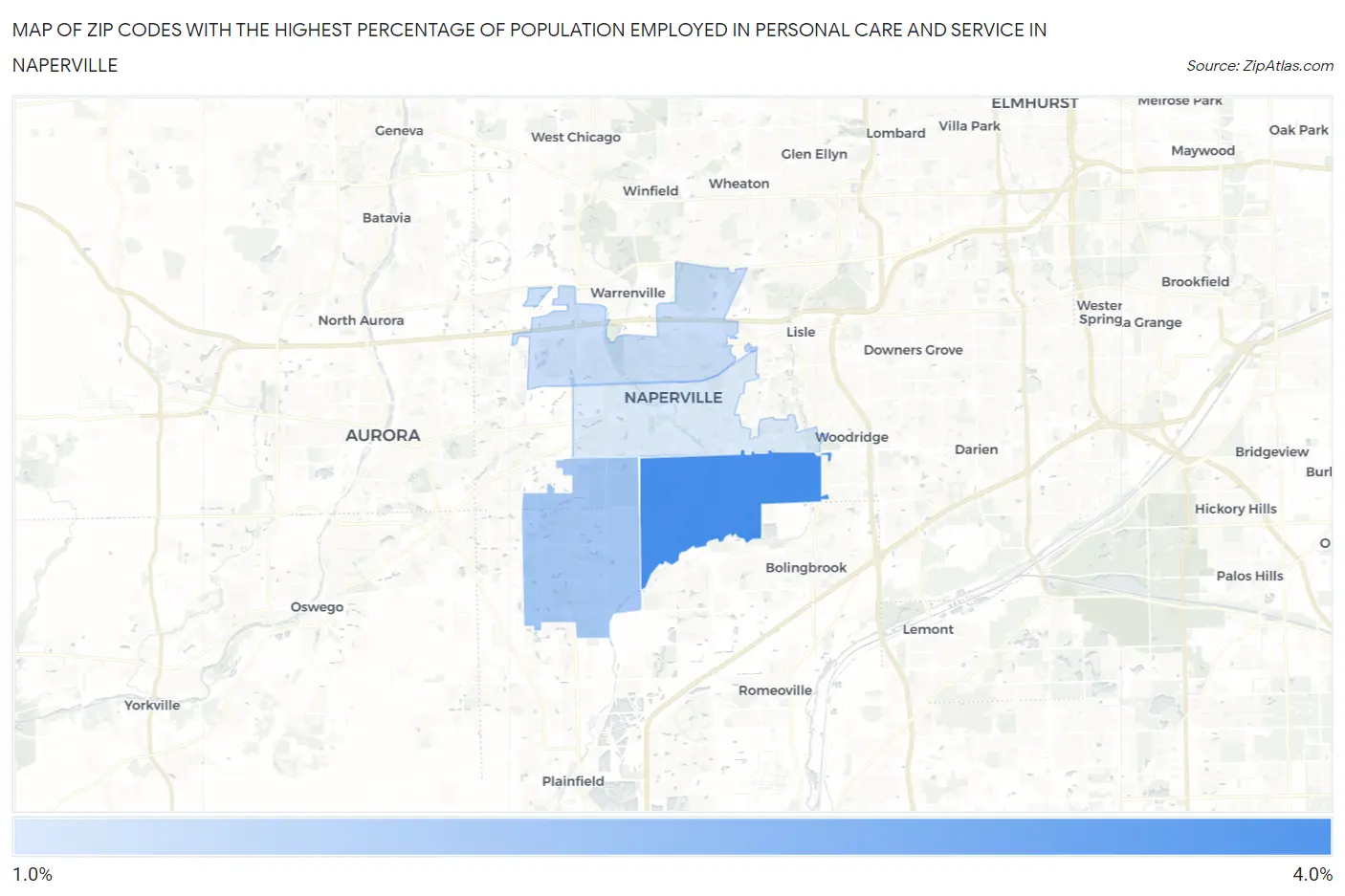 Zip Codes with the Highest Percentage of Population Employed in Personal Care and Service in Naperville Map