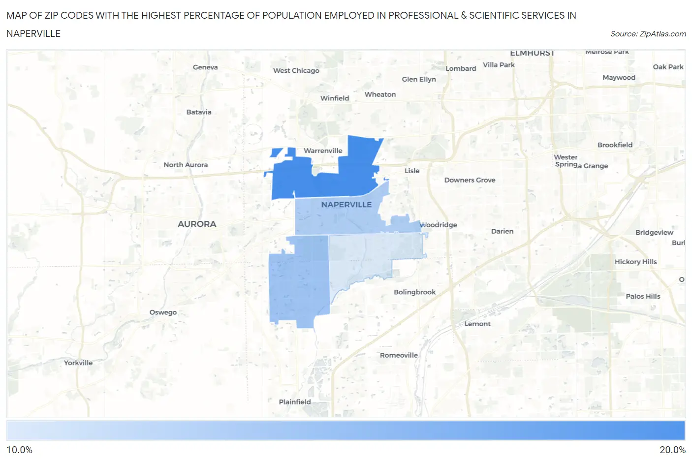 Zip Codes with the Highest Percentage of Population Employed in Professional & Scientific Services in Naperville Map