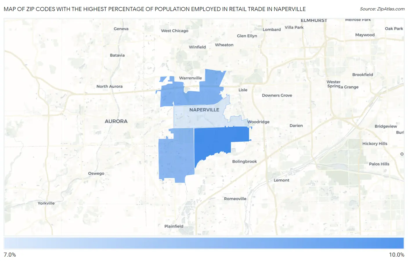 Zip Codes with the Highest Percentage of Population Employed in Retail Trade in Naperville Map