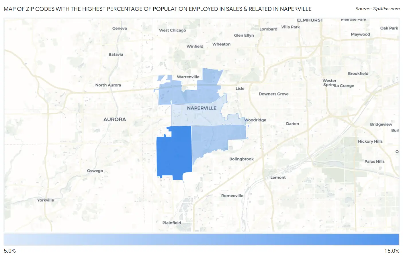 Zip Codes with the Highest Percentage of Population Employed in Sales & Related in Naperville Map
