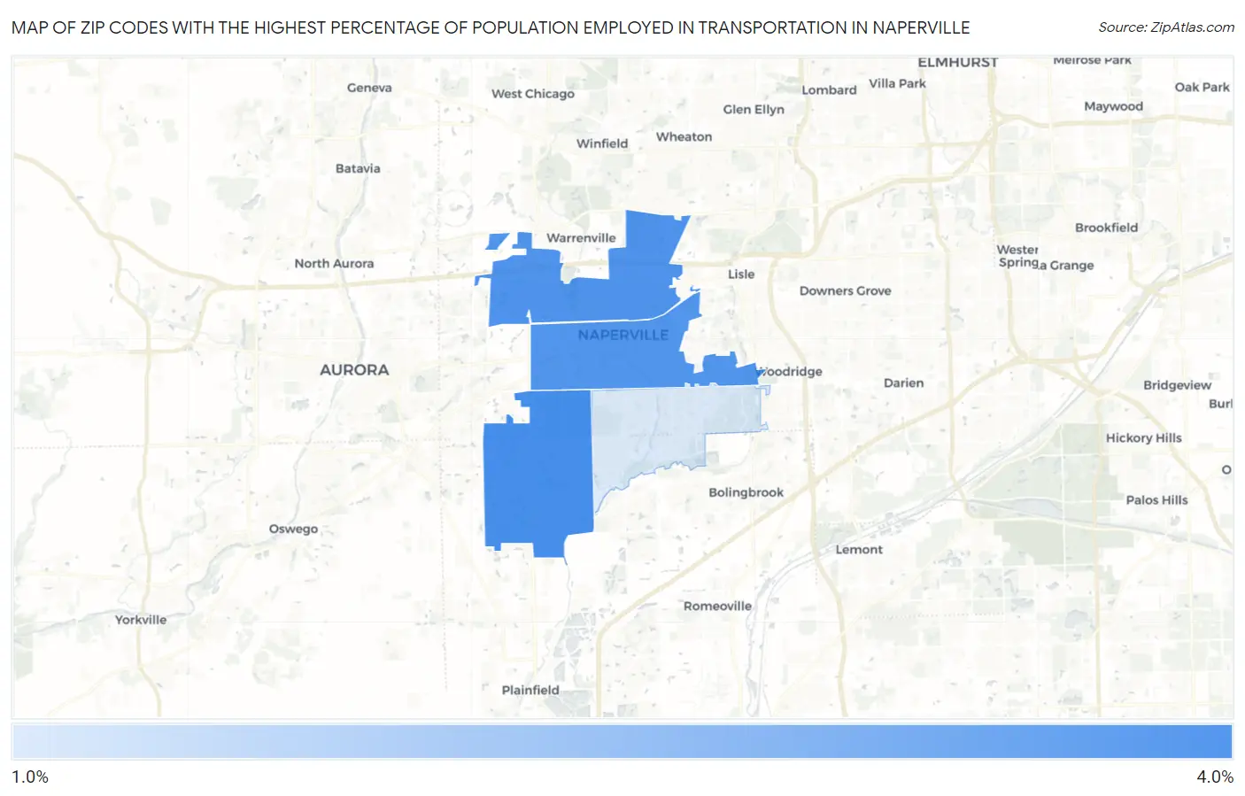 Zip Codes with the Highest Percentage of Population Employed in Transportation in Naperville Map