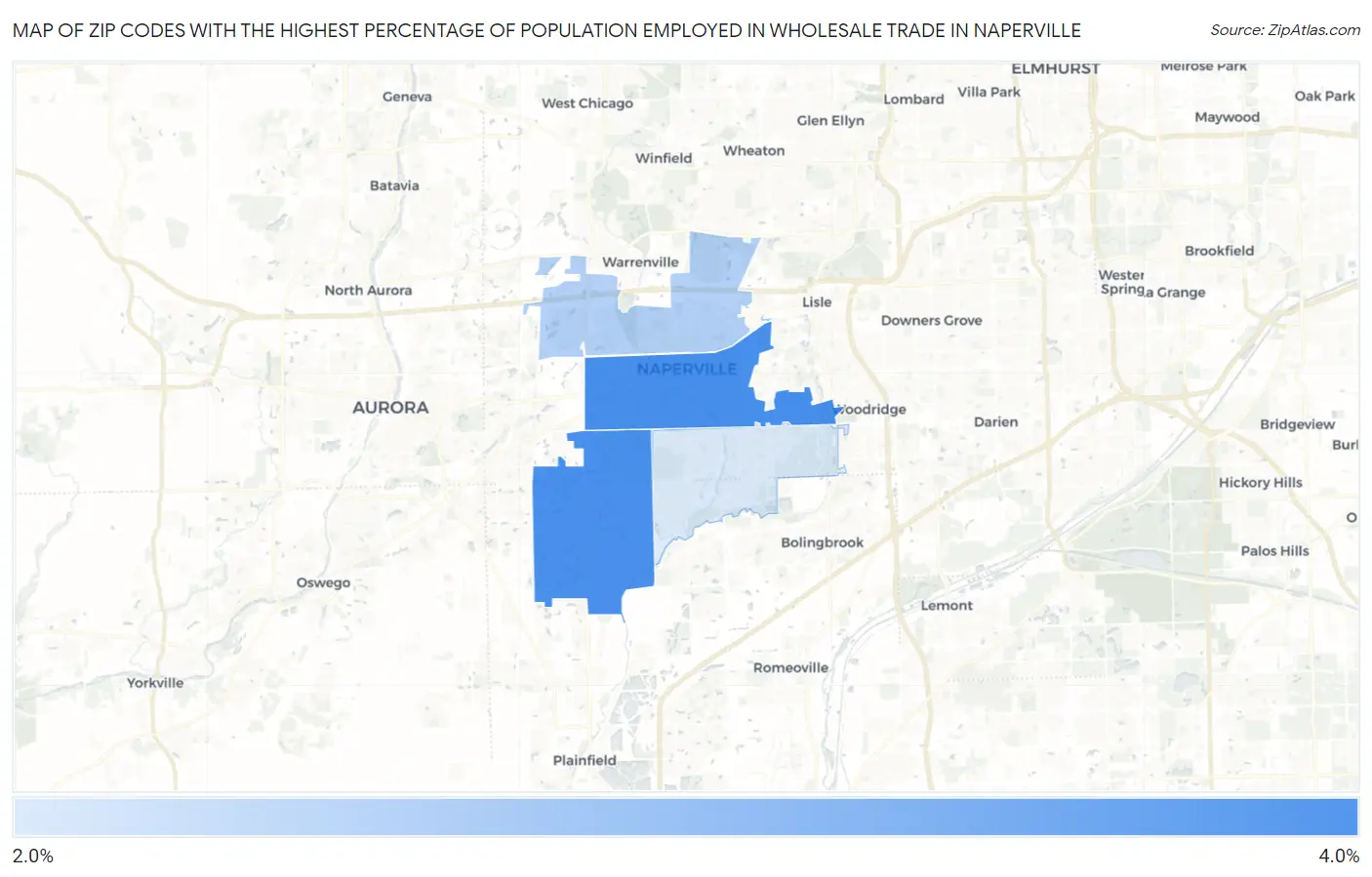 Zip Codes with the Highest Percentage of Population Employed in Wholesale Trade in Naperville Map