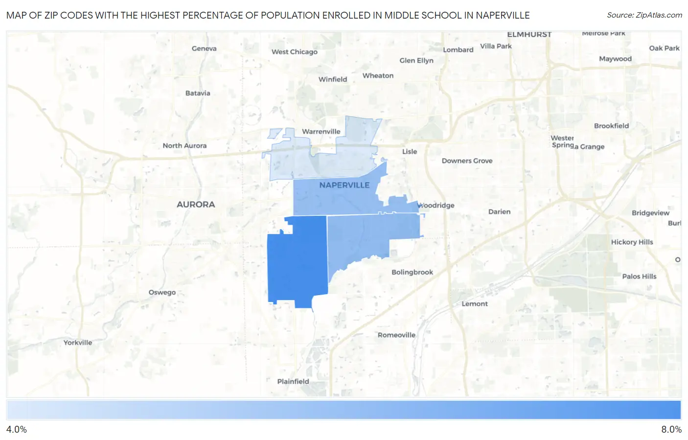 Zip Codes with the Highest Percentage of Population Enrolled in Middle School in Naperville Map