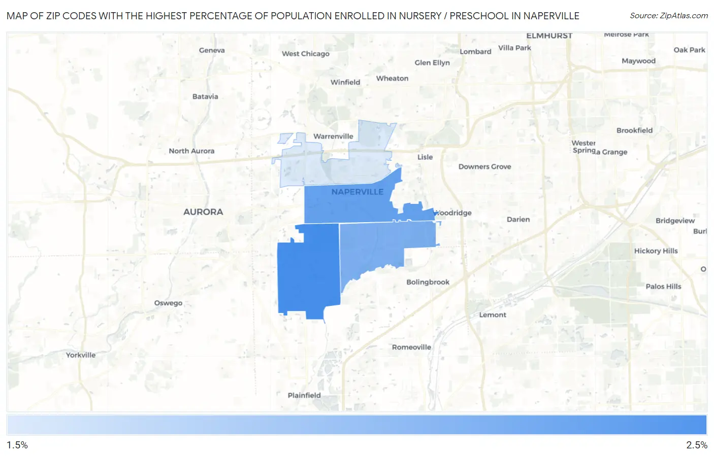 Zip Codes with the Highest Percentage of Population Enrolled in Nursery / Preschool in Naperville Map
