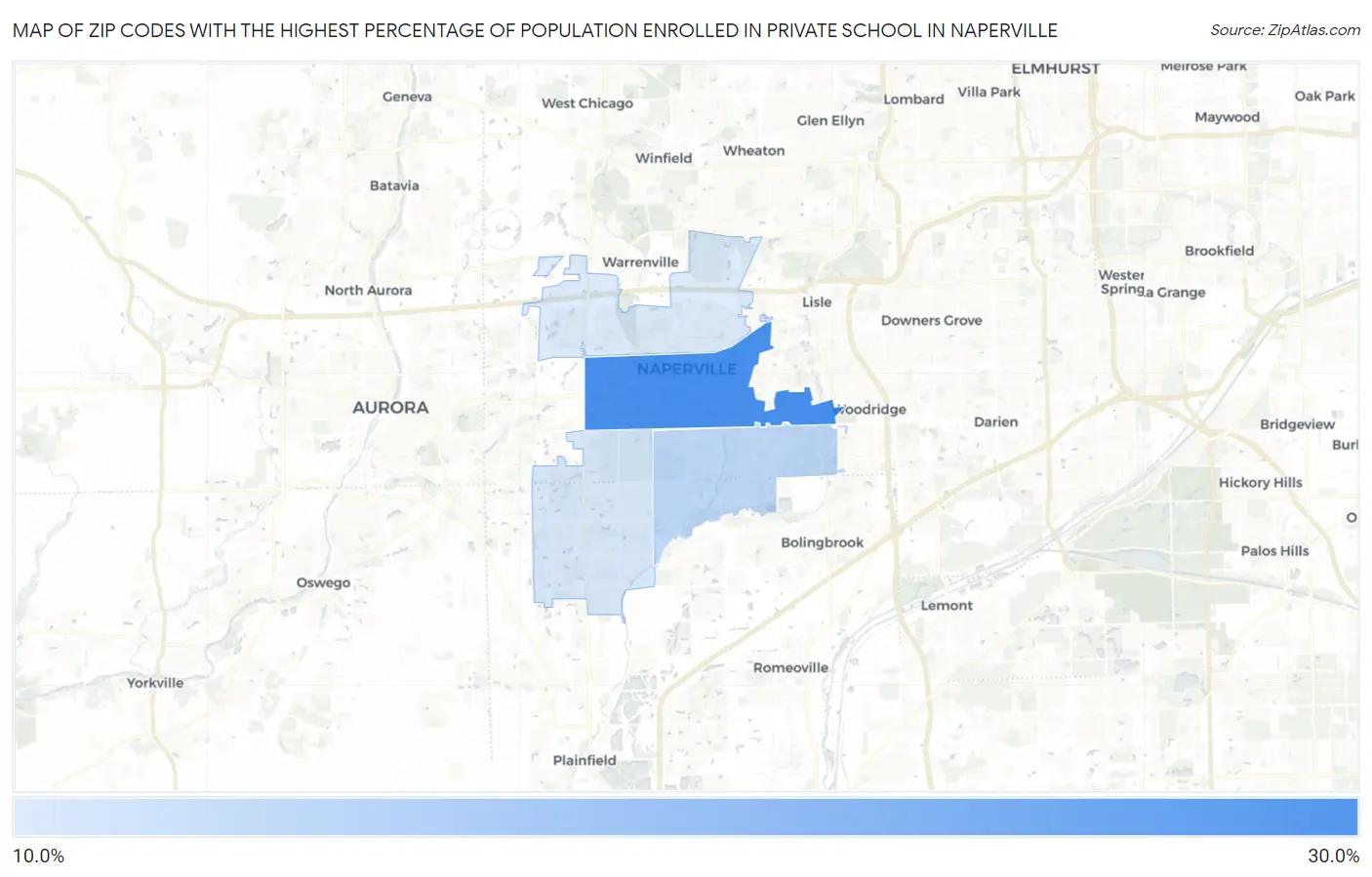 Zip Codes with the Highest Percentage of Population Enrolled in Private School in Naperville Map