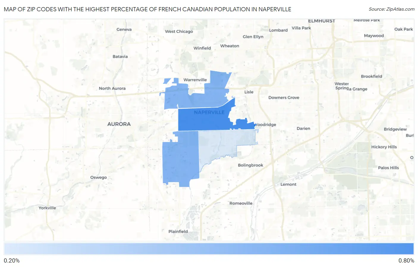 Zip Codes with the Highest Percentage of French Canadian Population in Naperville Map