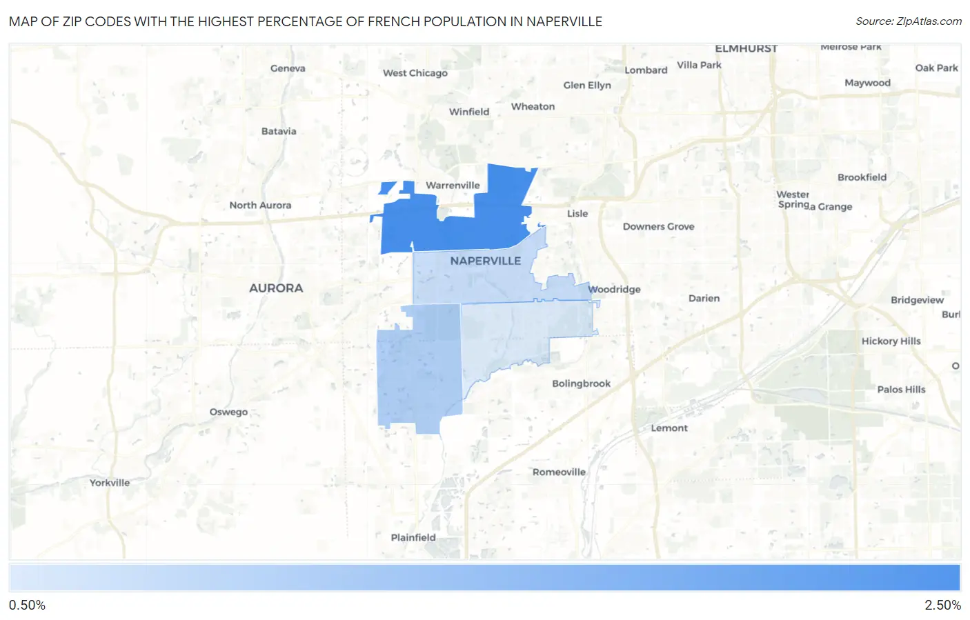 Zip Codes with the Highest Percentage of French Population in Naperville Map