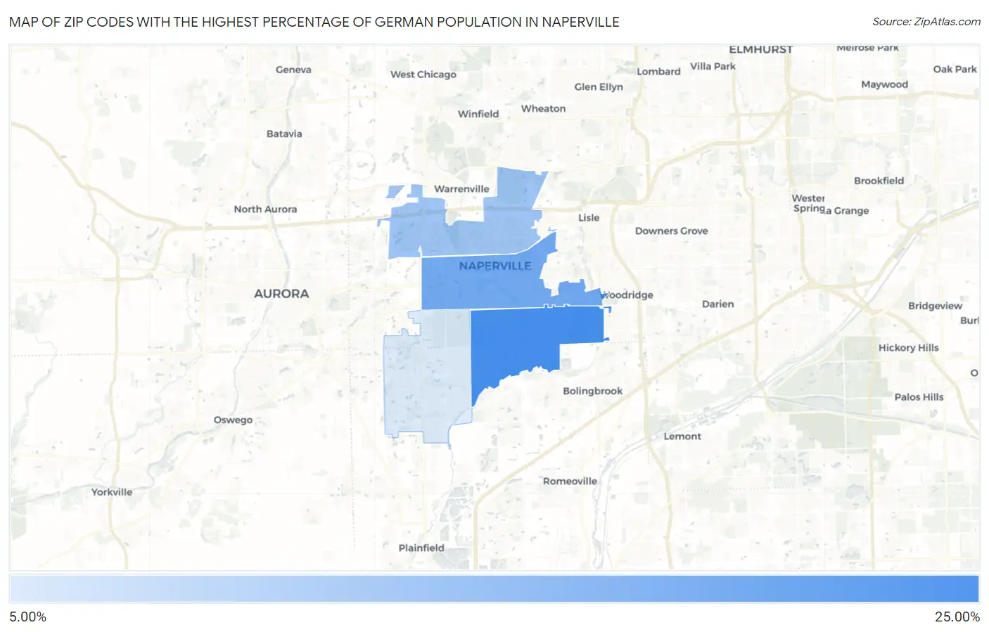 Zip Codes with the Highest Percentage of German Population in Naperville Map