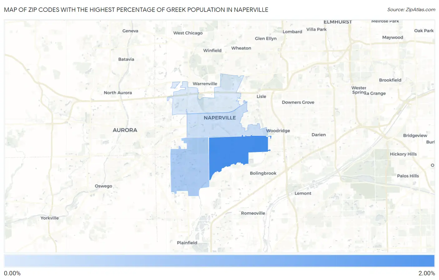 Zip Codes with the Highest Percentage of Greek Population in Naperville Map