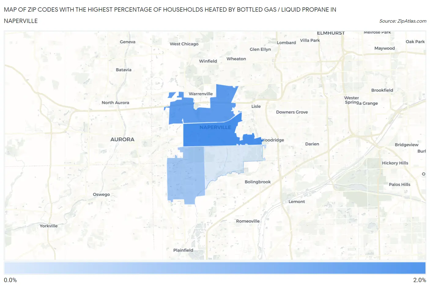 Zip Codes with the Highest Percentage of Households Heated by Bottled Gas / Liquid Propane in Naperville Map