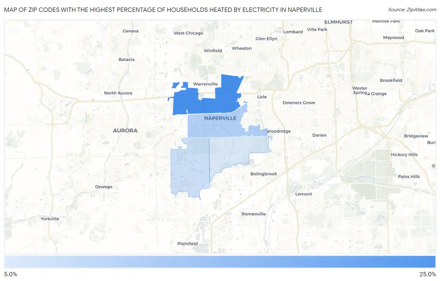 Zip Codes with the Highest Percentage of Households Heated by Electricity in Naperville Map
