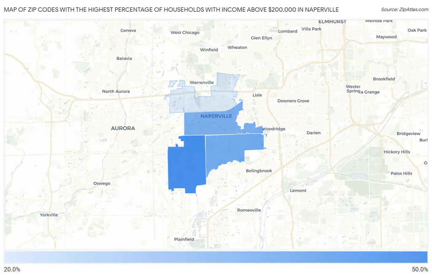 Zip Codes with the Highest Percentage of Households with Income Above $200,000 in Naperville Map