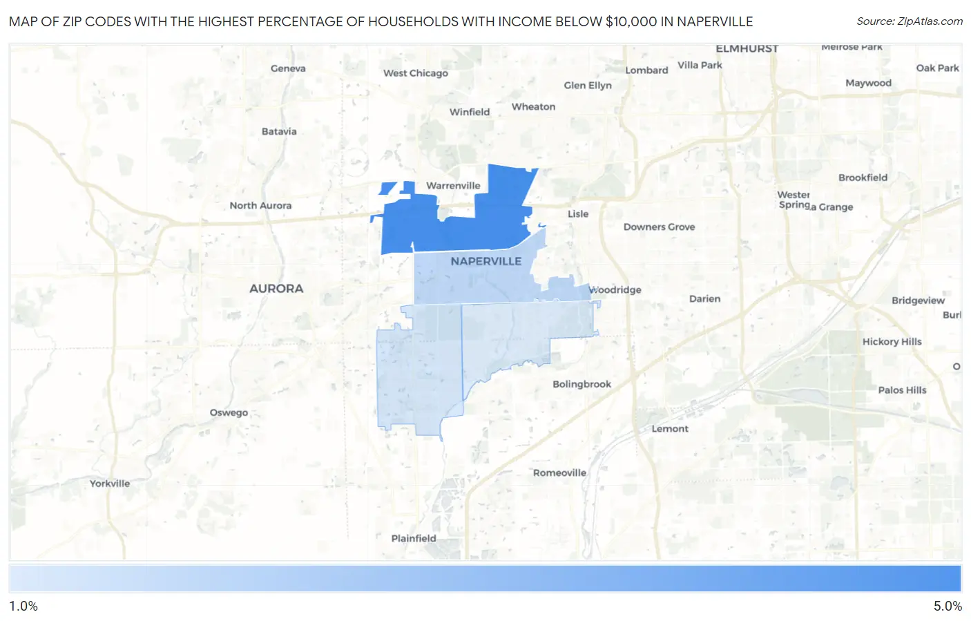 Zip Codes with the Highest Percentage of Households with Income Below $10,000 in Naperville Map