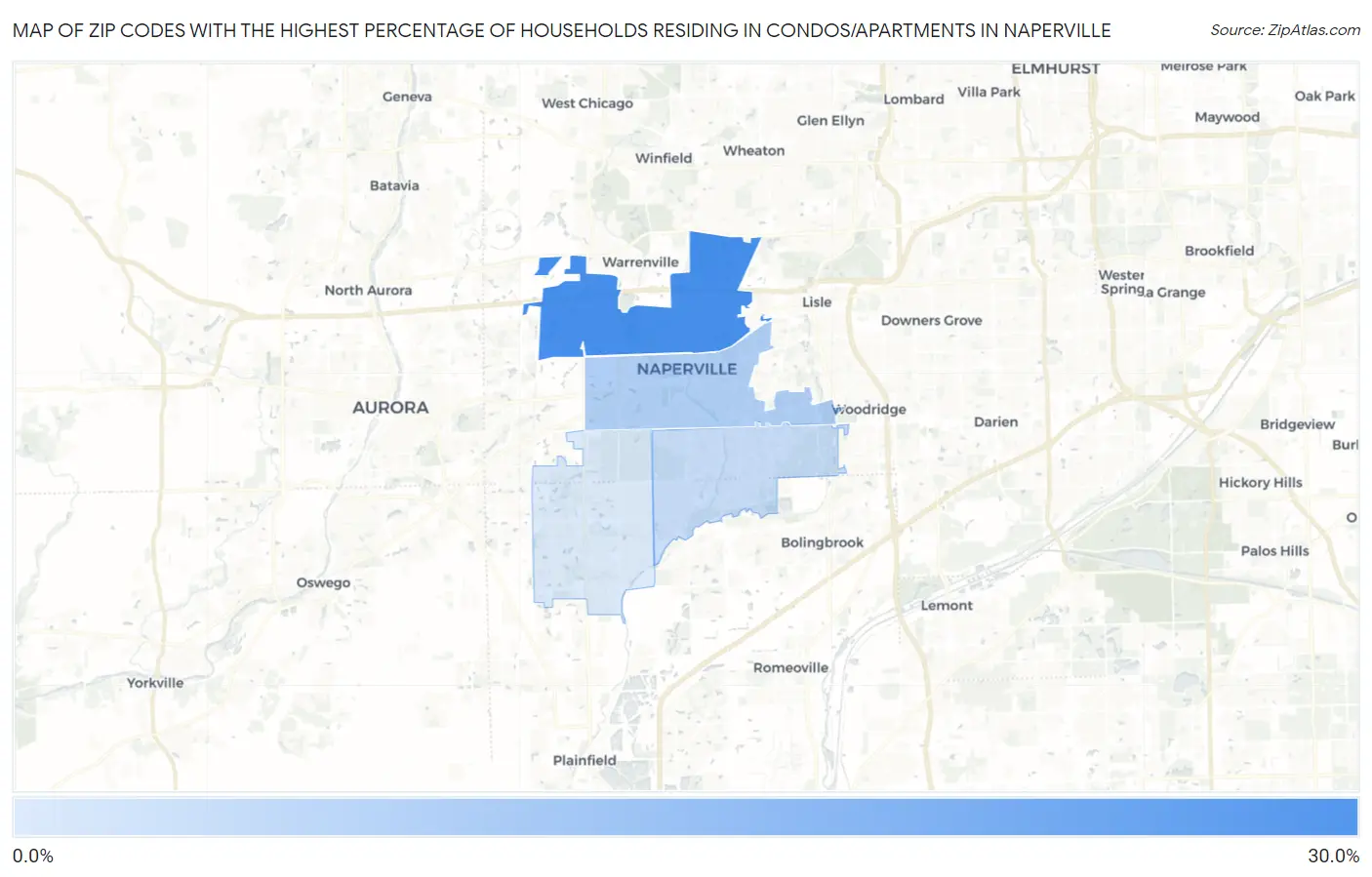 Zip Codes with the Highest Percentage of Households Residing in Condos/Apartments in Naperville Map