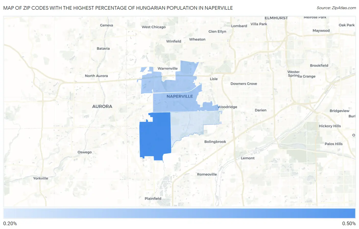 Zip Codes with the Highest Percentage of Hungarian Population in Naperville Map