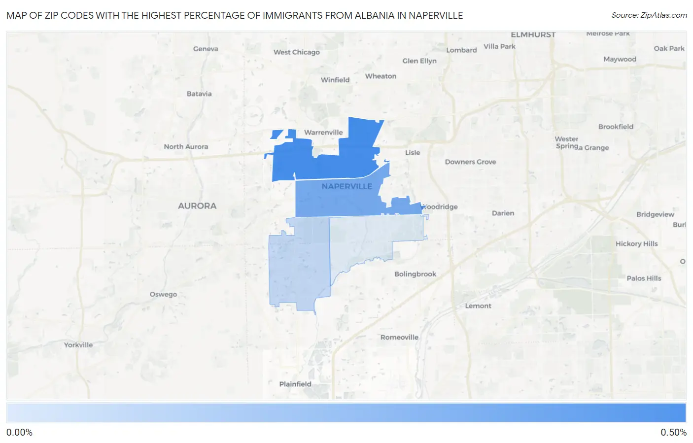 Zip Codes with the Highest Percentage of Immigrants from Albania in Naperville Map