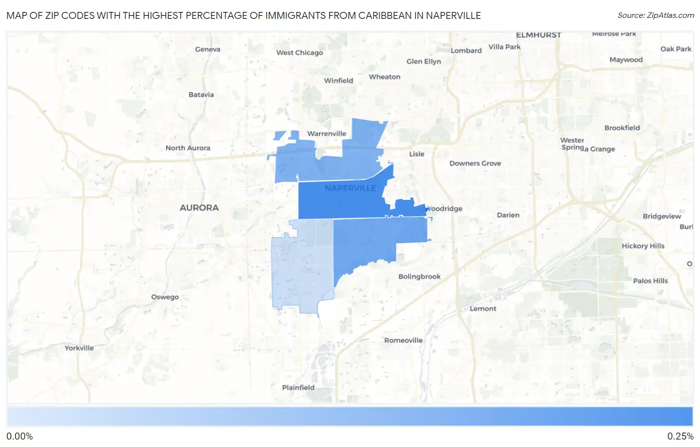 Zip Codes with the Highest Percentage of Immigrants from Caribbean in Naperville Map