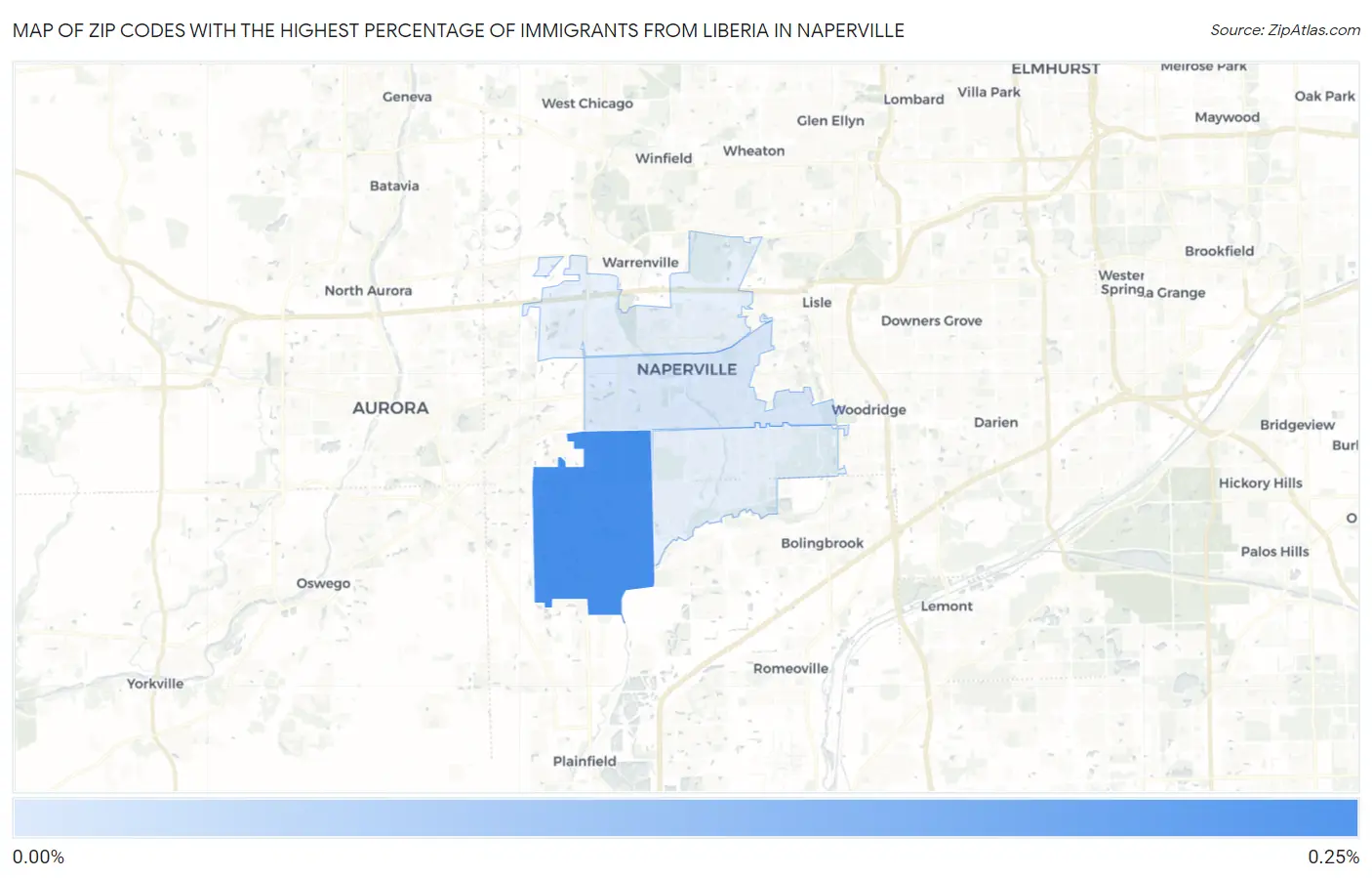 Zip Codes with the Highest Percentage of Immigrants from Liberia in Naperville Map