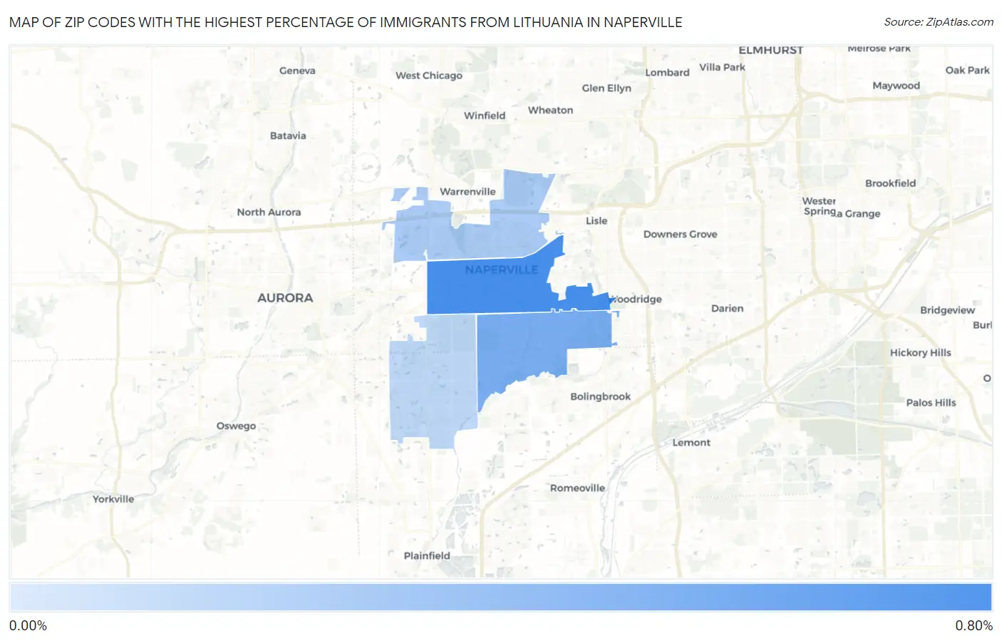 Zip Codes with the Highest Percentage of Immigrants from Lithuania in Naperville Map