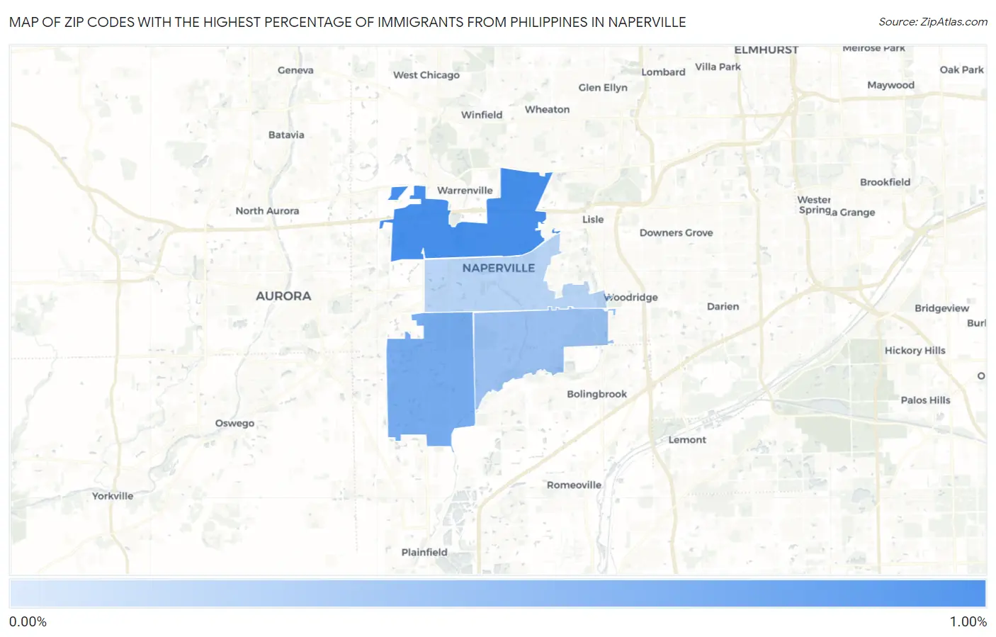 Zip Codes with the Highest Percentage of Immigrants from Philippines in Naperville Map