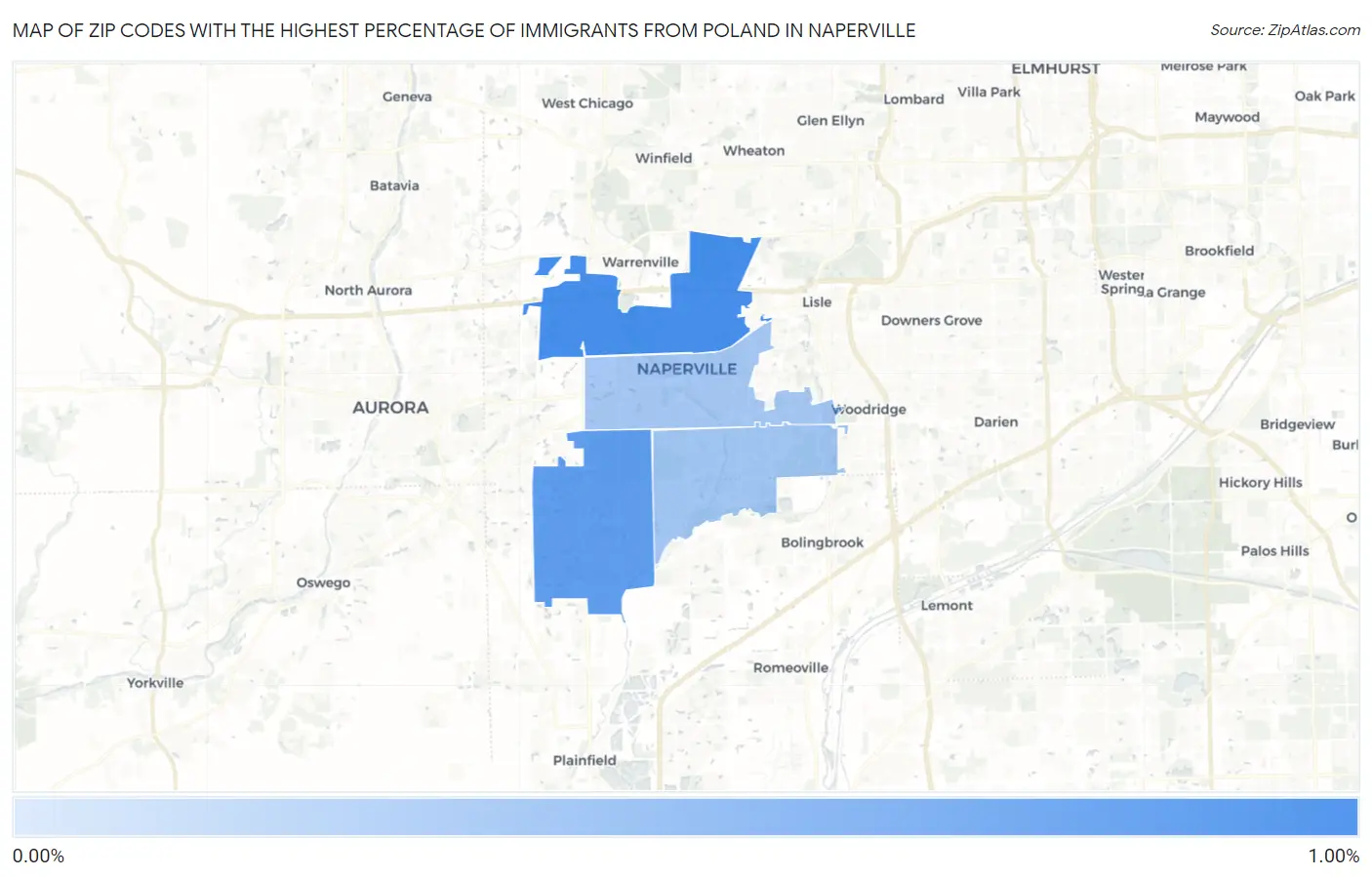 Zip Codes with the Highest Percentage of Immigrants from Poland in Naperville Map