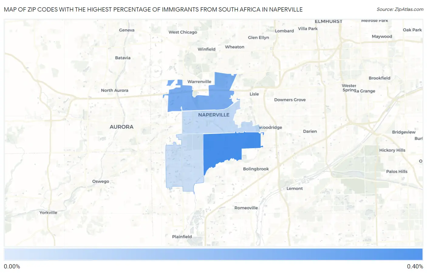 Zip Codes with the Highest Percentage of Immigrants from South Africa in Naperville Map