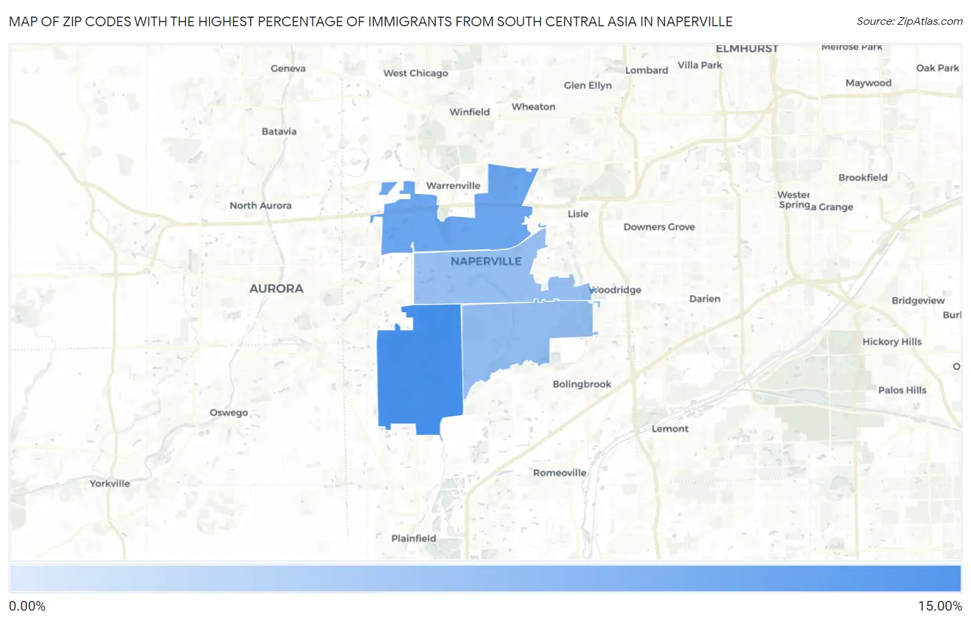 Zip Codes with the Highest Percentage of Immigrants from South Central Asia in Naperville Map