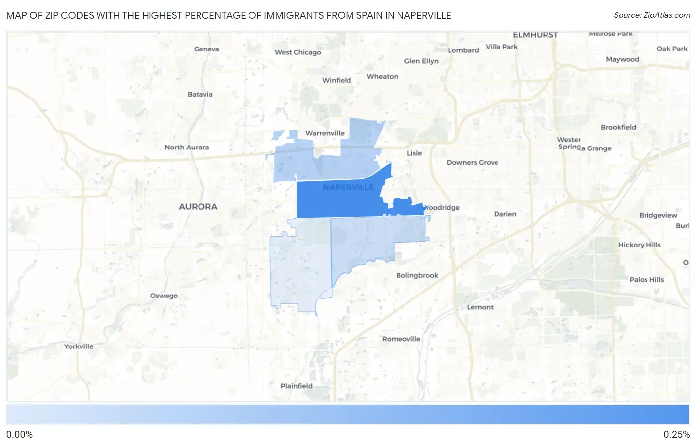 Zip Codes with the Highest Percentage of Immigrants from Spain in Naperville Map
