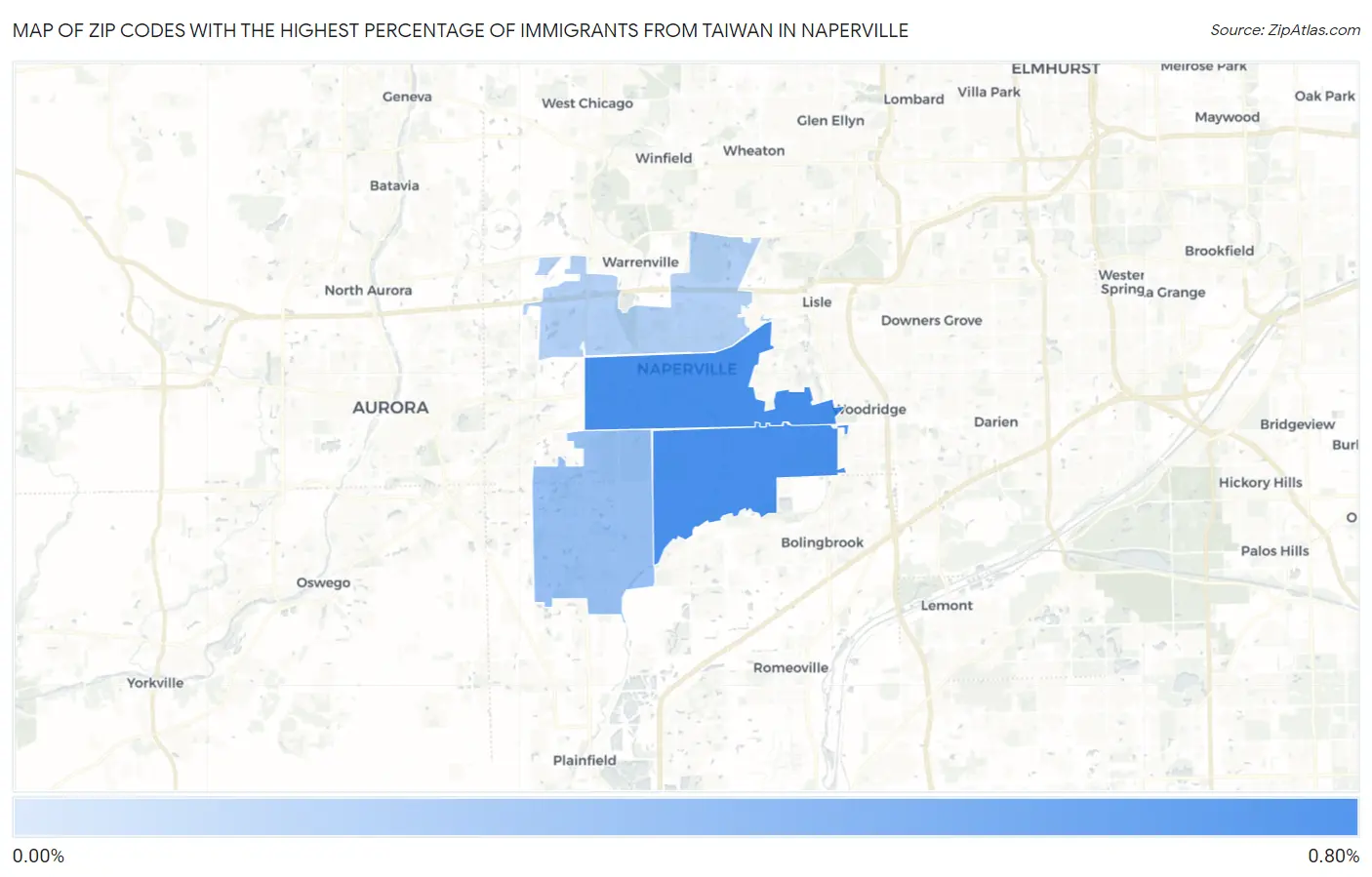 Zip Codes with the Highest Percentage of Immigrants from Taiwan in Naperville Map