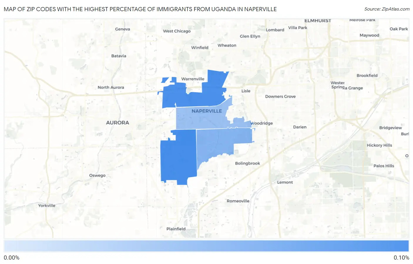 Zip Codes with the Highest Percentage of Immigrants from Uganda in Naperville Map
