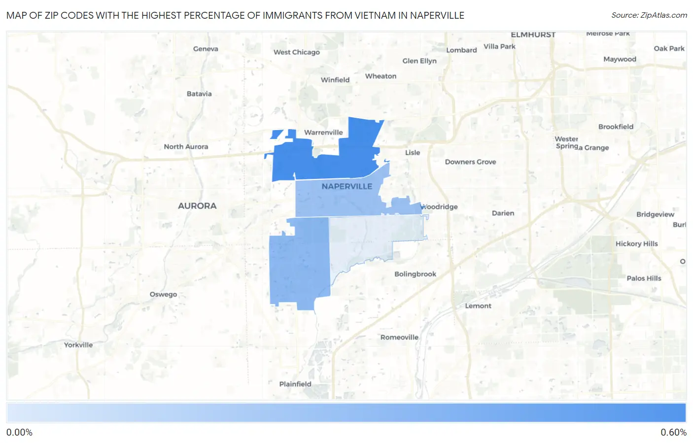Zip Codes with the Highest Percentage of Immigrants from Vietnam in Naperville Map