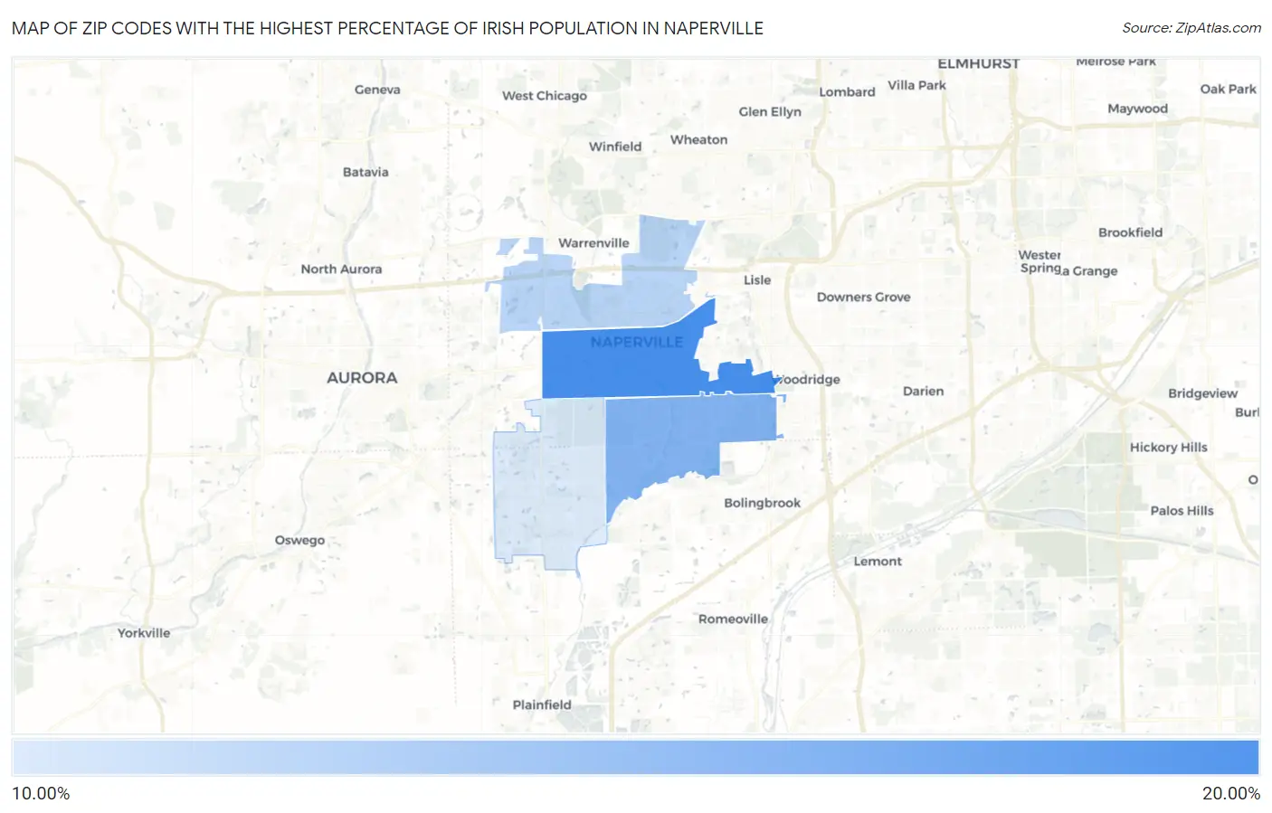 Zip Codes with the Highest Percentage of Irish Population in Naperville Map