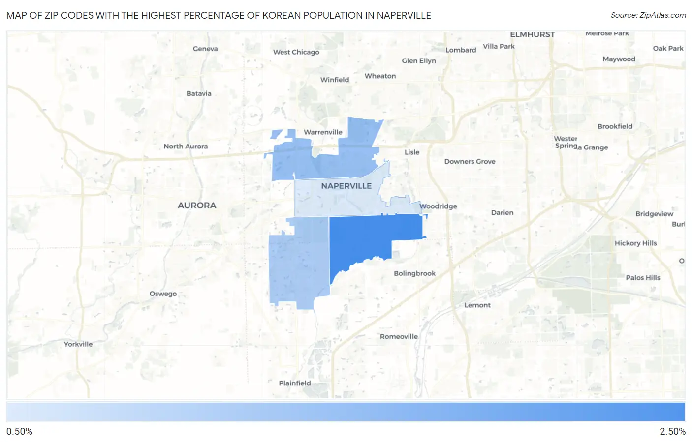 Zip Codes with the Highest Percentage of Korean Population in Naperville Map