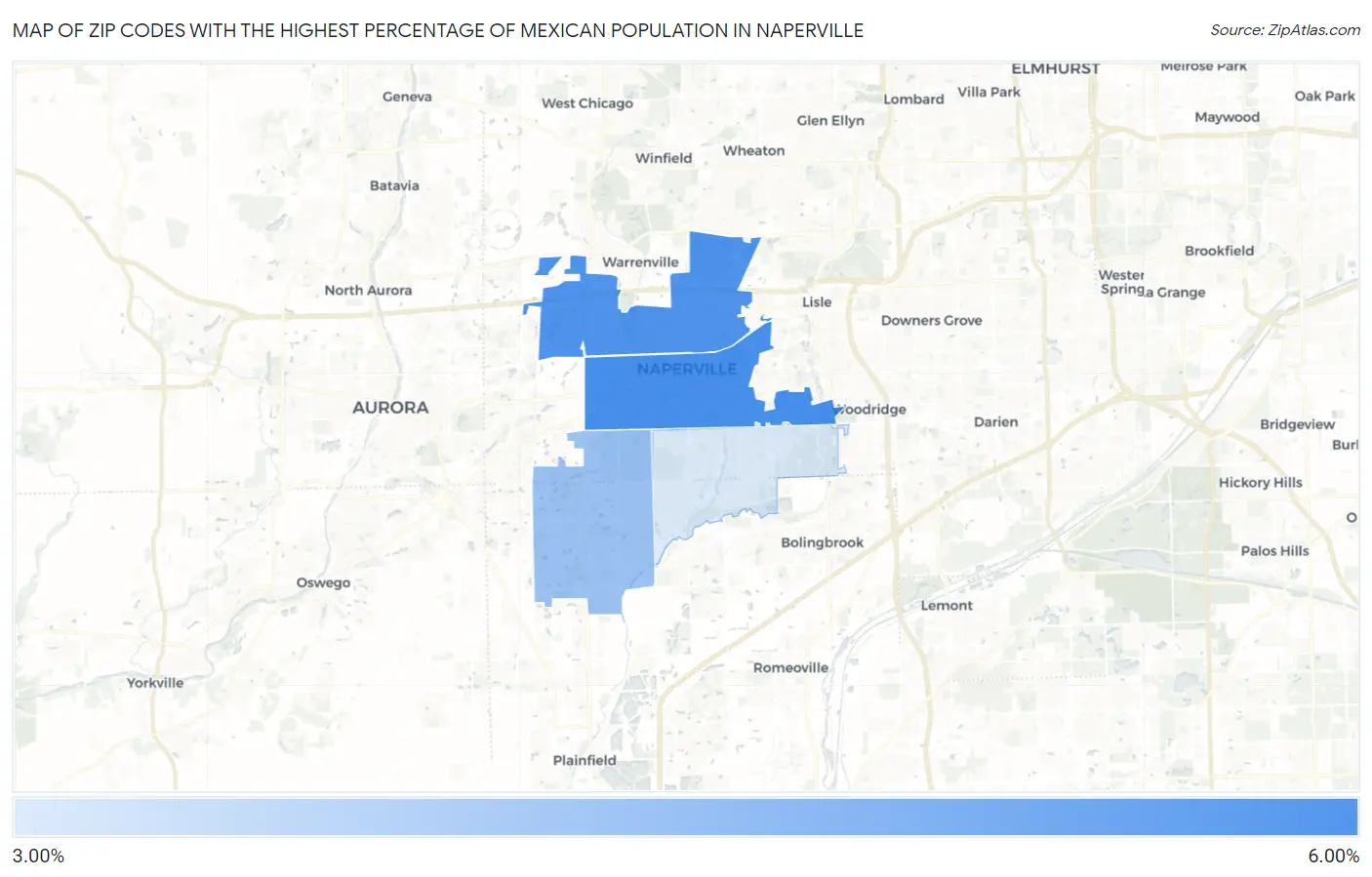 Zip Codes with the Highest Percentage of Mexican Population in Naperville Map