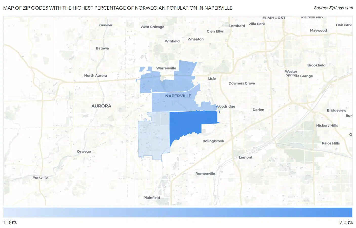 Zip Codes with the Highest Percentage of Norwegian Population in Naperville Map