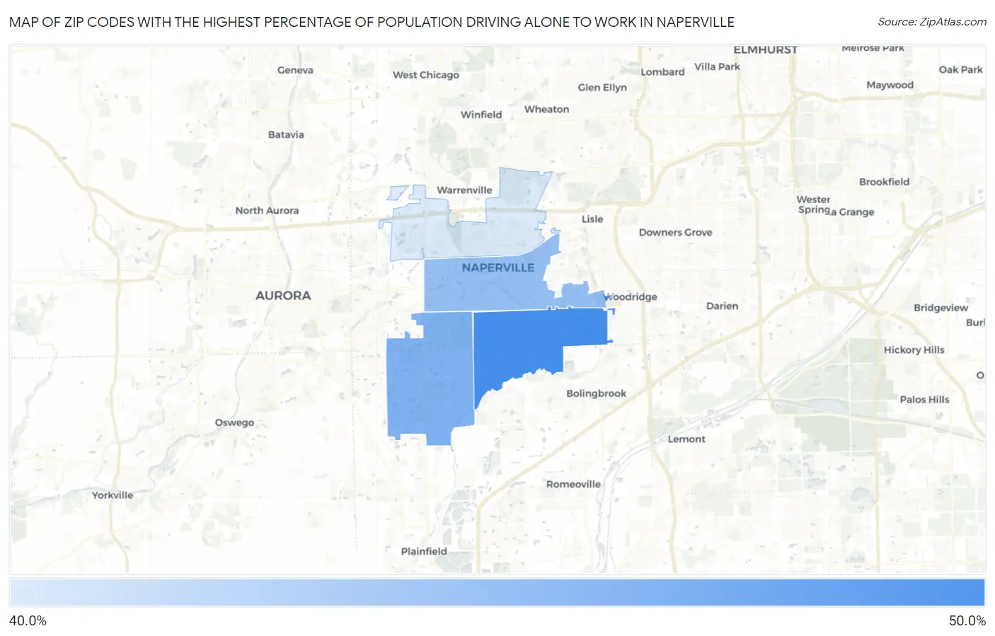 Zip Codes with the Highest Percentage of Population Driving Alone to Work in Naperville Map