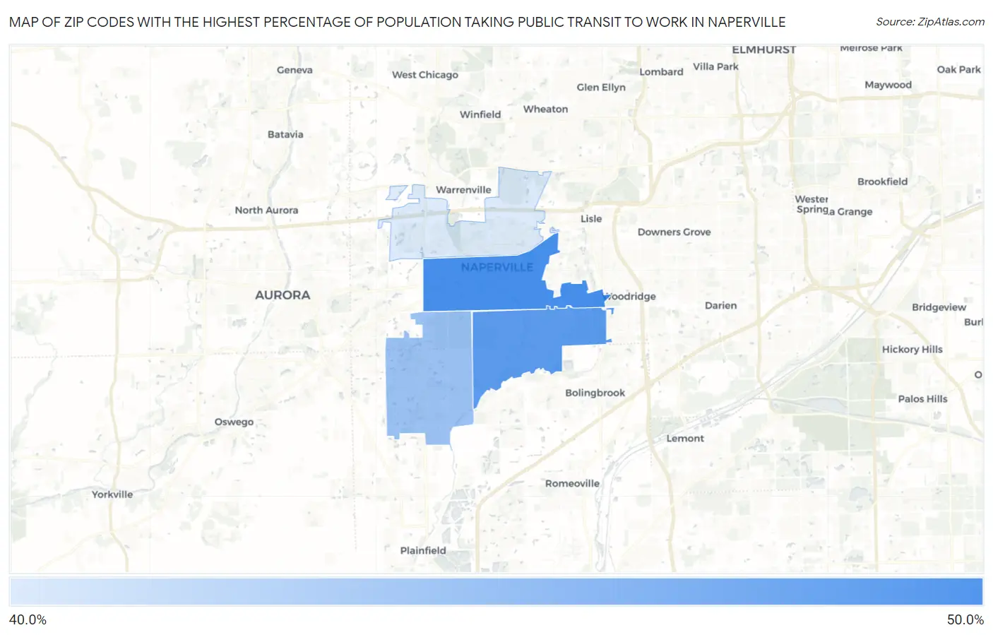 Zip Codes with the Highest Percentage of Population Taking Public Transit to Work in Naperville Map