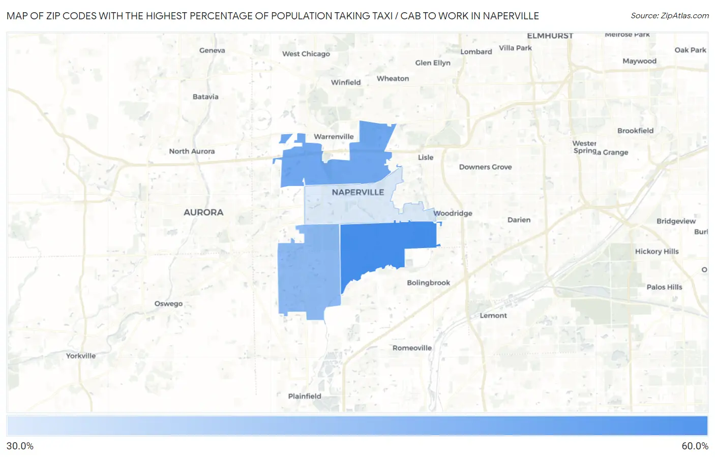 Zip Codes with the Highest Percentage of Population Taking Taxi / Cab to Work in Naperville Map