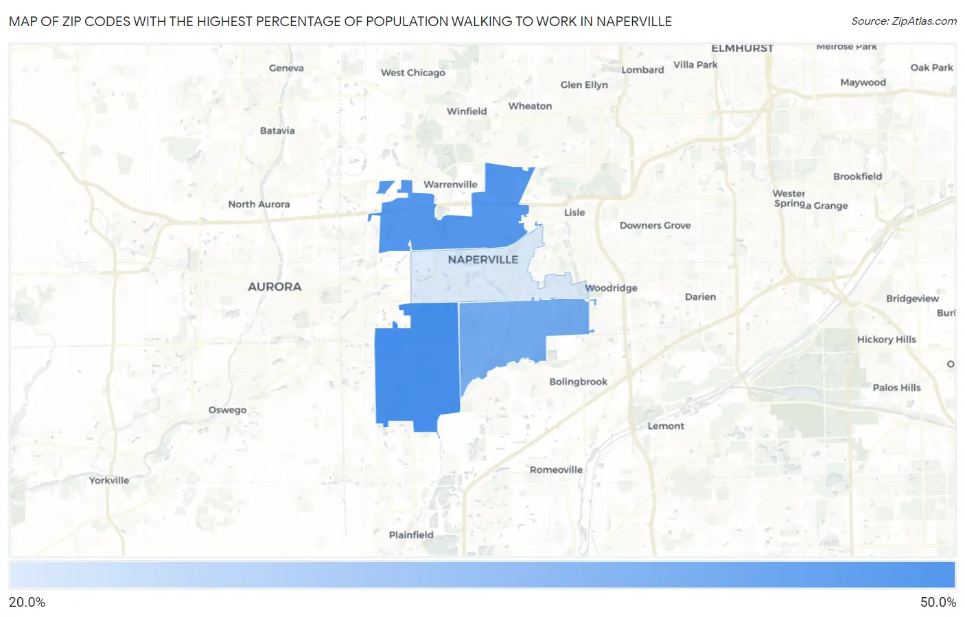 Zip Codes with the Highest Percentage of Population Walking to Work in Naperville Map