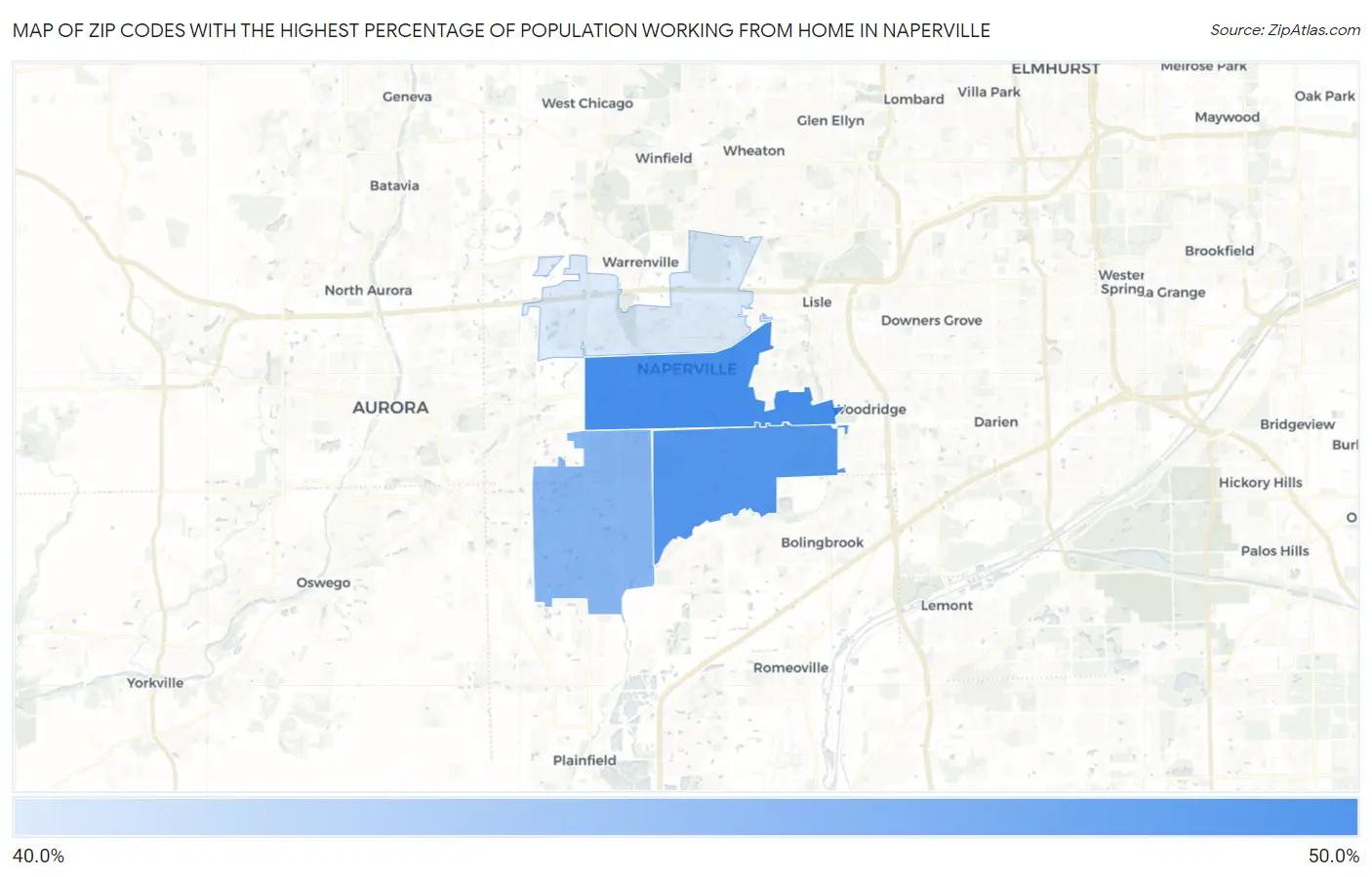 Zip Codes with the Highest Percentage of Population Working from Home in Naperville Map