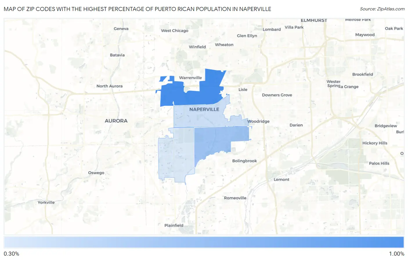 Zip Codes with the Highest Percentage of Puerto Rican Population in Naperville Map