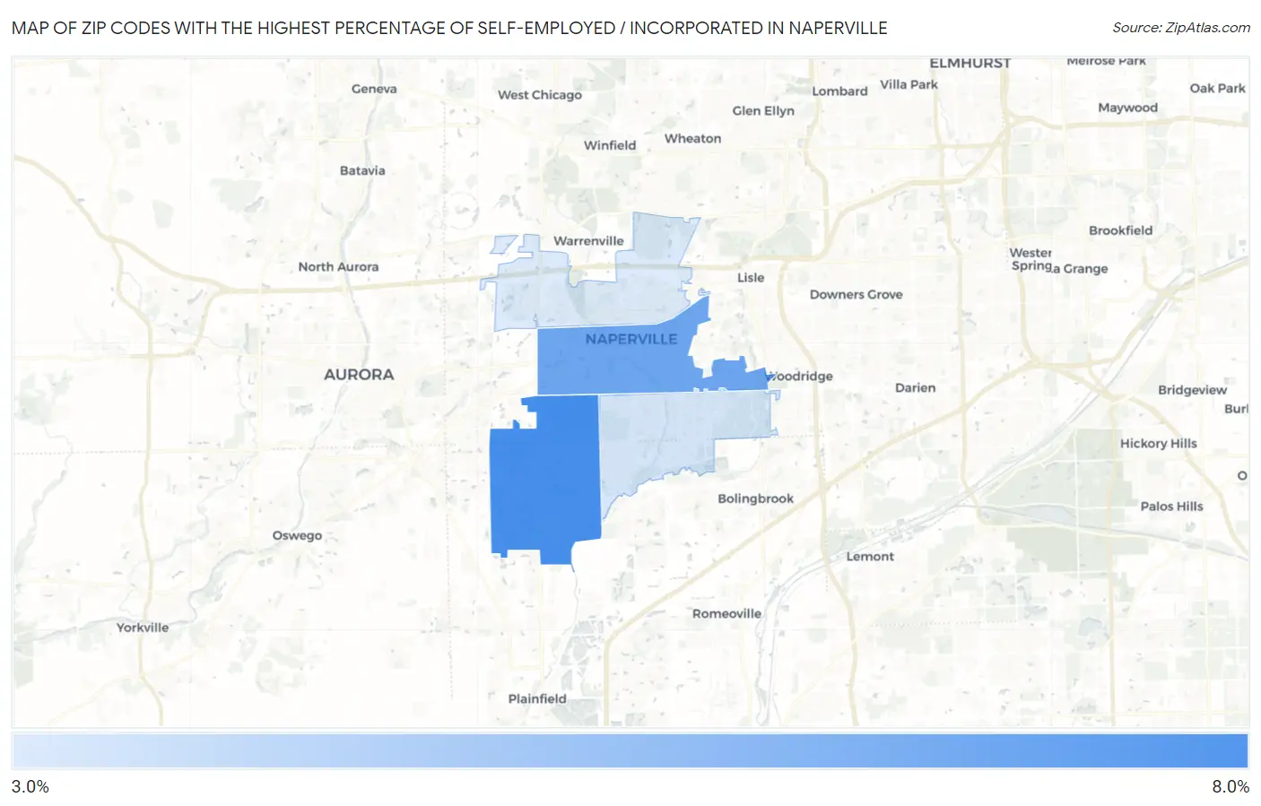 Zip Codes with the Highest Percentage of Self-Employed / Incorporated in Naperville Map