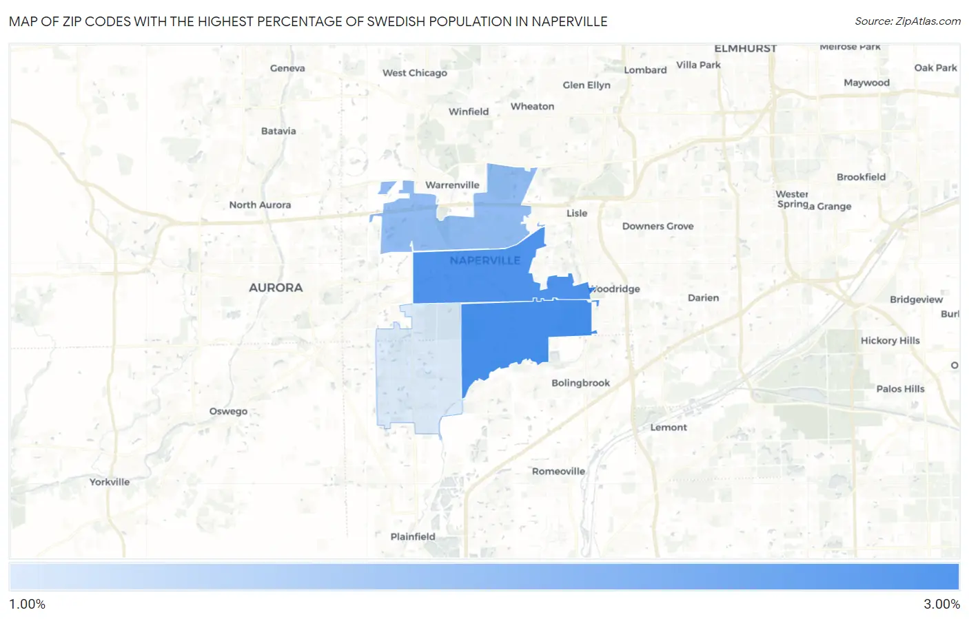 Zip Codes with the Highest Percentage of Swedish Population in Naperville Map